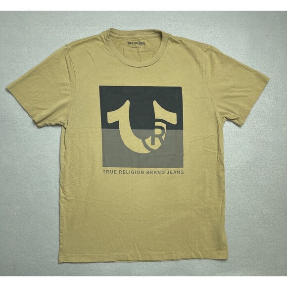 True Religion Brand Jeans T-Shirt Men's Medium Light Brown Two Tone Logo Tee - Picture 1 of 9